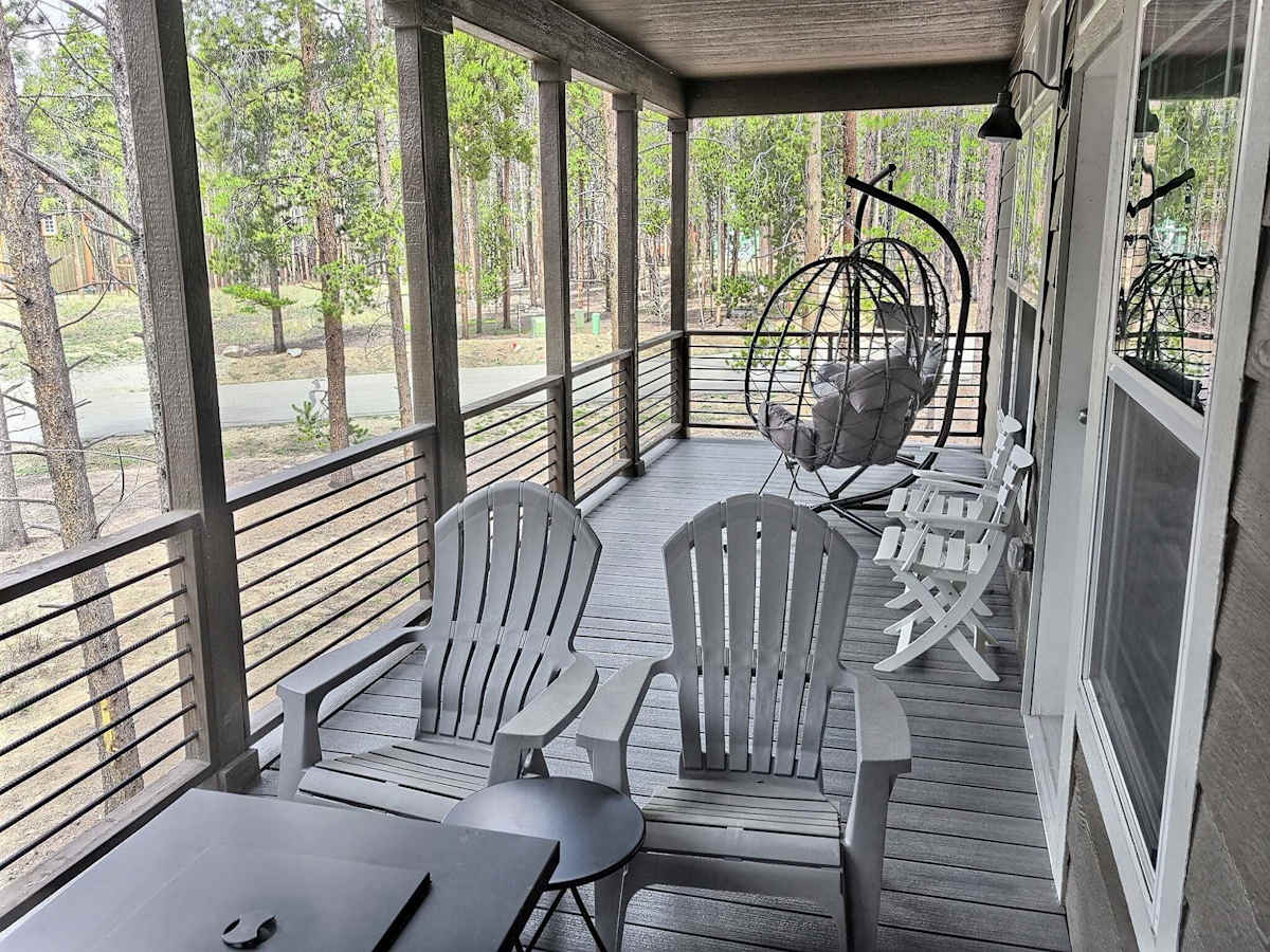 【Covered Deck — Adirondacks】 Deck-life set: white Adirondacks + a hanging egg chair for long afternoons.