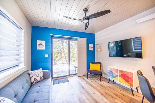 【Entry】Sliding glass doors opening to the main living area — mudroom feel, clear sightline to the loft ladder.