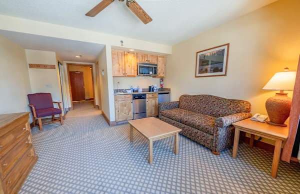 【Living Area】 King bedroom is behind you; kitchenette at right — the whole studio in one shot