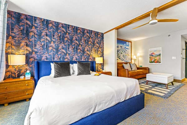 【Bedroom】 King bed with mountain art wall — the pullout couch is just behind you