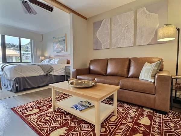 【Full Studio View】The remodeled space end-to-end — new flooring, updated kitchenette, king + sofa bed