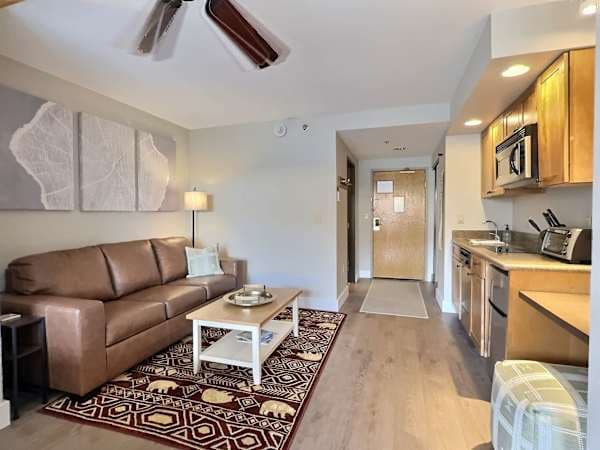 【Sofa Bed + Kitchenette】The sofa folds out for guests 3 and 4, kitchenette within reach
