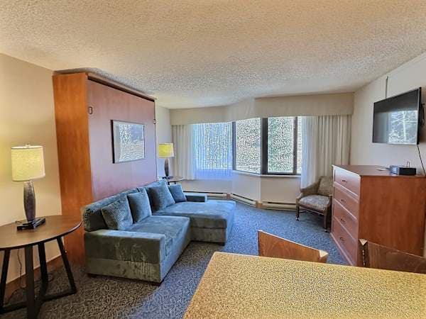 Living Room with Queen Pull Down Murphy bed that goes right over the couch! | Listed with @BookTraverse