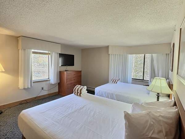 【Bedroom】Both queens face the windows — wake to mountain light, TV for the kids