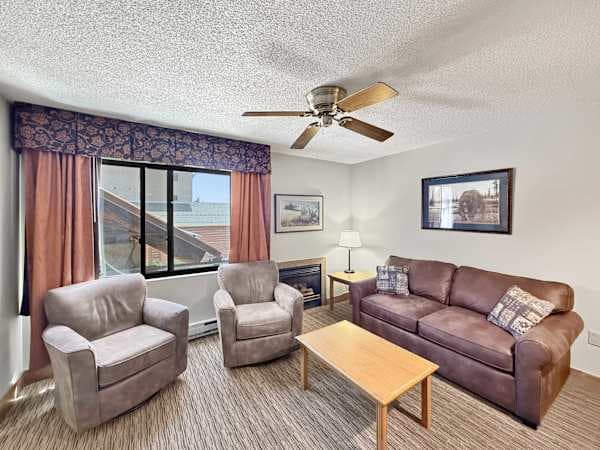 【Living Room】Fireplace on, boots off, six people with somewhere to sit